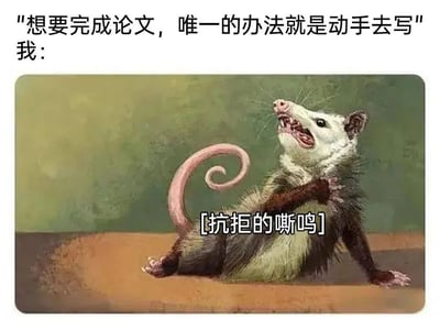 图片上方配有文字“想要完成论文，唯一的办法就是动手去写”，下方接“我：”，并搭配一张负鼠躺倒在地、张嘴嘶鸣的图片，图片中叠加文字“[抗拒的嘶鸣]”。整体通过理性建议与动物抗拒行为的对比，幽默地表现了学生面对论文写作时的内心抗拒与拖延心态。