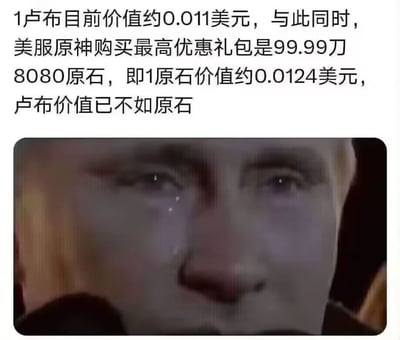 这是一张网络梗图，采用图文混排的形式。上方文字通过计算对比了卢布与游戏《原神》中美服原石的价值：1卢布约值0.011美元，美服原神99.99美元的礼包包含8080原石，换算后1原石约值0.0124美元，由此得出“卢布价值已不如原石”的结论。下方搭配了一张人物哭泣的面部特写图，人物双眼含泪，脸上挂着泪痕，神情悲伤，用夸张的视觉效果来调侃卢布贬值的情况，制造出虚拟游戏道具价值超过现实货币的反差感，增添了趣味性与讽刺意味。