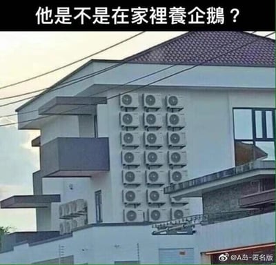 这是一张原始拍摄的静态照片，展示了一栋现代风格的白色多层住宅。建筑的外墙上密集且整齐地安装了大量空调外机，数量远超普通家庭的常规需求，视觉上极具冲击力。图片上方配有文字“他是不是在家里养企鹅？”，这是一个趣味调侃：由于企鹅的生存环境需要低温，这么多空调同时运作能够制造出类似寒冷的空间，因此用这个疑问来夸张地调侃这一夸张的空调配置，营造出幽默的效果。