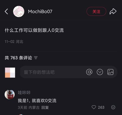 社交媒体平台用户MochiBo07于2023年11月2日在河北发布提问帖，标题为“什么工作可以做到跟人0交流”，寻求无需与人沟通的职业建议。评论区中，用户“哇咔咔”于3天前从内蒙古回复“我是1，就喜欢0交流”，以幽默方式调侃该话题，获得263个点赞，成为热门评论。截图完整展示了帖子主体、评论内容及互动数据。
