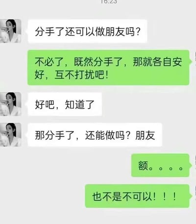 这是一段趣味聊天记录截图：白框用户先询问绿框用户“分手了还可以做朋友吗？”，被绿框用户以“各自安好互不打扰”拒绝后，白框用户将句子拆分为“那分手了，还能做吗？朋友”，利用语序拆分制造出带有暧昧暗示的歧义，让绿框用户态度反转，从拒绝转为同意“也不是不可以”。
这里的歧义点：通过拆分“做朋友”的语序，把原本的普通提问变成带有暗示性的暧昧提问，制造出搞笑的反转效果。