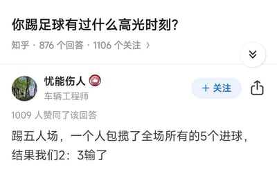 这是知乎问答社区中，针对「你踢足球有过什么高光时刻？」问题的高赞回答截图。答主「忧能伤人」标注职业为车辆工程师，他分享了自己在五人制足球赛中的离谱经历：自己一人包揽了全场所有的5个进球，但最终所在队伍却以2:3的比分输掉了比赛。这个回答因为极具反差感的离谱剧情，获得了1009位用户的赞同，用荒诞的赛场经历制造出搞笑的效果，没有双关、谐音梗等内容。