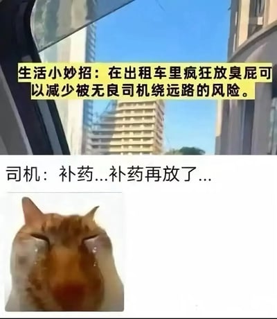 这是一张搞笑网络梗图，采用上下拼接的形式：上半部分是从出租车内透过车窗拍摄的城市街景，配黄底黑字的脑洞“生活小妙招”，称在出租车里疯狂放臭屁可以减少被无良司机绕远路的风险；中间部分模拟司机的求饶回应“补药...补药再放了...”，其中“补药”是“不要”的谐音梗，表现司机被臭味熏得口齿不清的状态；下半部分搭配双眼含泪、表情痛苦的橘猫表情包，生动对应司机被臭到崩溃的心情，整体用荒诞搞笑的脑洞段子制造笑点。