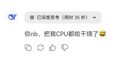 这是一张AI聊天界面的静态截图，左上角是蓝色鲸鱼样式的AI助手头像，界面上方有一个灰色提示框，标注着“已深度思考（用时35秒）”，说明AI刚刚完成了一段需要较长时间思考的回复。下方是用户发送的消息：“你nb，把我CPU都给干烧了😅”，其中“CPU干烧了”是网络流行语，用来形容自己因为思考复杂内容而大脑过载、感到懵的状态，用户用这句话既表达了对AI回复的夸赞，也调侃自己被AI的内容难住，需要花费大量精力去理解。消息底部还有复制、刷新、点赞、点踩四个功能按钮，整体界面简洁，是典型的AI聊天工具的交互界面。