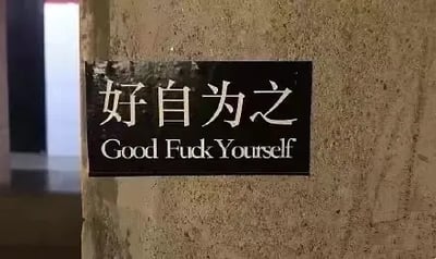 这是一张原始拍摄的静态单图，画面主体是一块张贴在粗糙墙面上的黑底白字标牌，标牌上方是中文标语“好自为之”，下方的英文翻译却写成了“Good Fuck Yourself”，这是完全错误且带有粗俗含义的翻译，与“好自为之”的原意相去甚远，属于典型的不严谨机翻或低质量翻译，这种错误搭配产生了荒诞搞笑的效果，让这个标牌成为一个充满槽点的场景。