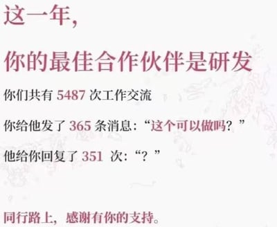 这是一张纯文字梗图，以年度总结的口吻幽默调侃职场中与研发部门的工作交流场景。内容显示“你”与研发一年共有5487次工作交流，其中“你”发送了365条“这个可以做吗？”的消息，而研发回复了351次“？”，用夸张的数据对比展现了非研发角色频繁提出需求与研发方困惑无奈的日常互动，结尾“同行路上，感谢有你的支持”带有反讽意味，整体风格轻松搞笑，引发职场人士共鸣。