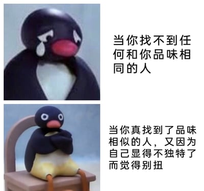 这是一张由瑞士黏土动画《企鹅家族》的两张截图组成的上下对比梗图。上图中，企鹅Pingu双眼含泪，面露悲伤，配文“当你找不到任何和你品味相同的人”，传递出因找不到同类而孤独失落的情绪；下图中，Pingu抱臂坐在椅子上，眼神别扭，配文“当你真找到了品味相似的人，又因为自己显得不独特了而觉得别扭”，精准刻画了一种既渴望找到同好、又害怕失去自身独特性的矛盾社交心理，引发人们对这种纠结心态的共鸣。