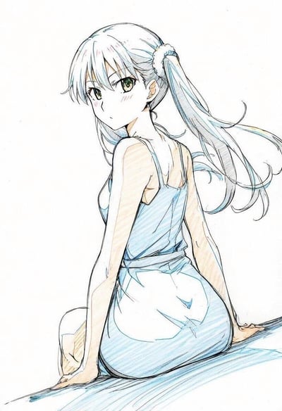 这是一幅清新柔和的手绘二次元插画，画面中的银发少女扎着单侧低马尾，用白色发圈固定，身着浅蓝色细条纹吊带裙，以跪坐的姿态用双手支撑身体，向后回头看向镜头，脸颊带着淡淡的红晕，整体氛围安静治愈，画风细腻温柔。