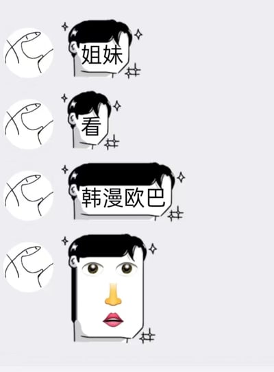 这是一张连环式的搞笑梗图，共分四个部分依次呈现。前三部分均为带有星星特效的卡通男性头部，头部区域分别配有文字“姐妹”“看”“韩漫欧巴”，左侧还附带相同的手势小图，引导观看者的注意力；第四部分则将这个卡通头部拼接上了违和感极强的写实风格眼睛、鼻子与嘴唇，形成强烈的形象反差，以此调侃韩漫里的帅气欧巴形象，用夸张的视觉反差制造搞笑效果，精准贴合喜爱韩漫的群体的趣味点。