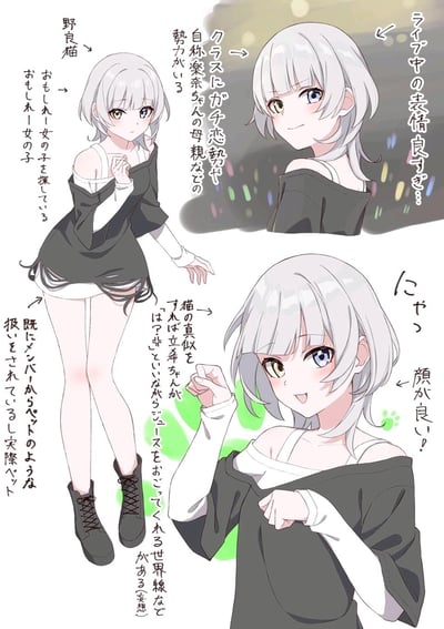 这是一张为BanG Dream!旗下乐队MyGO!!!!!成员若叶睦创作的同人设定图，以「野良猫」为核心设定，展示了角色的三种不同状态：<br>1. 日常状态：清冷的异色瞳少女，穿着破洞露肩上衣，被成员当作宠物对待；<br>2. 观看live状态：表情愉悦，在live现场很受欢迎，班里还有围绕她的各种粉丝势力；<br>3. 模仿猫咪状态：做出猫爪手势，发出猫叫，妄想模仿猫咪就能得到队友高松立希的奖励。<br>图中搭配日文注释补充设定细节，突出角色的清冷又可爱的猫系气质。