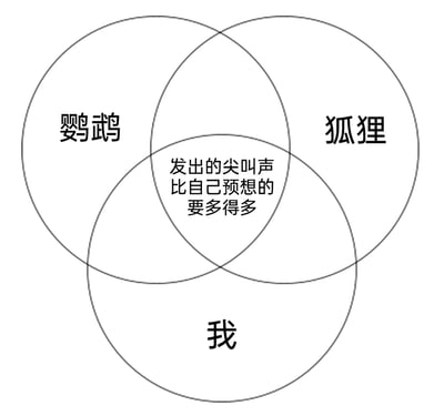 这是一幅三圆韦恩图形式的网络幽默meme，三个圆形分别代表“鹦鹉”“狐狸”和“我”，三个圆的共同交集区域标注着“发出的尖叫声比自己预想的要多得多”。该内容用幽默的方式将自己与鹦鹉（本身会发出尖锐叫声）、狐狸（受惊或活动时可能发出尖声）的特质结合，自嘲自己实际发出的尖叫远超自己的预期，以此调侃自己容易受惊、或在日常中忍不住尖叫的小状况，引发网友的共鸣。