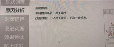 这是一张电脑屏幕拍摄的企业质量问题分析文档截图，左侧列出了质量问题改进的完整流程条目，从上到下依次为现状调查、原因分析、对策确定、改进实施、效果验证、防止再发，当前选中的是原因分析板块。右侧对应的内容显示，质量问题流出原因标注为来料检测环节员工漏检，给出的改善对策为已让员工发誓下次一定检出，内容讽刺了部分企业出现问题时不优化管理流程、完善检测机制，反而将责任全部归咎于基层员工、整改措施敷衍不切实际的不合理管理现象。