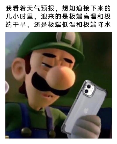 这是一张静态图文混排的二次创作图片，顶部配有文字“我看着天气预报，想知道接下来的几小时里，迎来的是极端高温和极端干旱，还是极端低温和极端降水”，图中主体是任天堂经典游戏《超级马里奥》系列中的角色路易吉，他以3D动画形象呈现，眉头微皱、双眼眯起，神情带着忧虑与纠结，正手持一部带有透明保护壳的苹果手机，低头专注查看屏幕，似乎正在查看天气预报。这张图片通过游戏角色的生动表情，结合当下极端天气频发的现实话题，调侃了人们面对变幻莫测、极端化的天气时的焦虑与无奈心态。