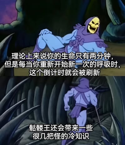 图片为上下两格的动画截图改编梗图。上格中，骷髅王（紫色斗篷、黄色骷髅头、蓝色身体）坐于黑暗洞穴环境中，表情夸张张嘴；下格中骷髅王手持法杖在尖刺地形中行走。上方文字内容为：'理论上来说你的生命只有两分钟，但是每当你重新开始新一次的呼吸时，这个倒计时就会被刷新'，下方文字为：'骷髅王还会带来一些很几把怪的冷知识'。通过虚构的'冷知识'制造幽默效果。