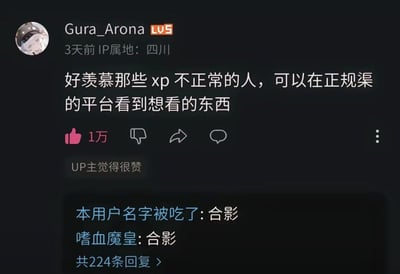 这是一张B站评论区的截图，用户Gura_Arona发言表达了对“xp不正常的人”能在正规平台看到自己想看内容的羡慕。下方热门评论用“合影”回复，通过幽默的网络语境，变相玩梗、调侃发言人和同类型用户。整图带有网络二次创作表情包的特征，语气轻松嘲讽，且融入了B站独特的互动梗。双关点在于“合影”被用作公开认领或自黑的一种方式。
