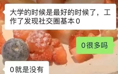 图片以散落的水果（如蓝莓、糖渍果脯）为背景，叠加三个文字气泡形成对话式吐槽。上方白色气泡文字为“大学的时候是最好的时候了，工作了发现社交圈基本0”，表达对大学时光的怀念与工作后社交萎缩的感慨；中间绿色气泡“0很多吗”以反问语气调侃；下方白色气泡“0就是没有”直白回应，强化“社交圈空空如也”的自嘲。整体通过生活化场景与接地气的对话，展现职场人社交圈缩小的普遍困境，引发共鸣。