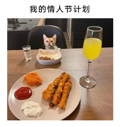 这张图片以“我的情人节计划”为主题，呈现了单身人士的情人节日常：餐桌前摆放着一份配有番茄酱、白色蘸酱和橙色酱料的炸物餐食，还有一杯黄色饮品与一小杯透明液体；一只猫咪坐在餐桌的椅子上，面前的碗里装着猫粮，仿佛在陪伴主人共度情人节。画面用猫咪作“陪伴者”的趣味设定，调侃了单身群体在情人节独自享受美食、自娱自乐的状态，氛围轻松诙谐。