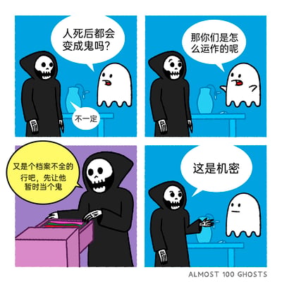 这是一则四格连环卡通漫画，以死神和刚变成的白色幽灵为角色，用幽默荒诞的方式解构“成为鬼”的设定：第一格中，白色幽灵好奇地向死神提问“人死后都会变成鬼吗？”，死神给出“不一定”的回答；第二格幽灵继续追问“那你们是怎么运作的呢”；第三格场景切换到死神的工作场景，死神对着档案柜自言自语“又是个档案不全的，行吧，先让他暂时当个鬼”，将死神的工作塑造成类似处理人事档案的职场工作；第四格死神回到与幽灵的对话，以“这是机密”回应幽灵的问题，幽灵露出疑惑的表情，整个漫画用职场化的工作逻辑制造反差笑点，调侃了“临时鬼”的由来。