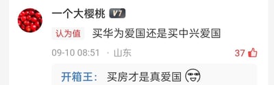 社交媒体用户"一个大樱桃"发布的帖子截图，内容是关于购买华为还是中兴更爱国的讨论。帖子下方有用户"开箱王"评论调侃称"买房才是真爱国"，带有一个眯眼表情。截图显示了发布时间、地点、点赞数等社交平台元素。