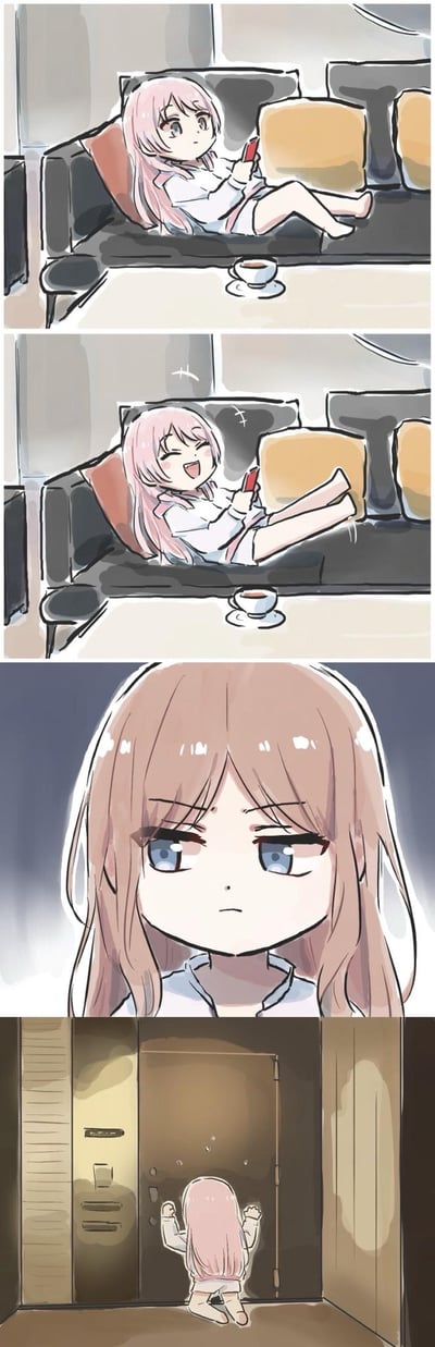 四格连环漫画展现粉发女孩的情绪变化：第一格中她躺卧在黑色沙发上，手持手机，脚边地板放着一杯咖啡，表情平静；第二格她看向手机时突然大笑，身体微微后仰；第三格为面部特写，眼神低垂，嘴角下撇，露出失落神情；第四格她跪坐在房间门口，双手撑地抬头望向门，姿态显得无助。全图无对白，通过肢体语言和表情传递从愉悦到低落的情绪转变。
