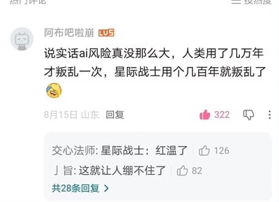 这是一张社交媒体评论截图，展示了一位名为"阿布吧啦崩"的Lv5用户发表的关于AI风险的幽默评论。评论内容为："说实话ai风险真没那么大，人类用了几万年才叛乱一次，星际战士用个几百年就叛乱了"，并配有一个笑到流泪的表情符号。评论下方显示发布时间为8月15日，地点山东，获得了322个点赞。下方还有两条热门回复，分别是"交心法师: 星际战士：红温了"(126赞)和"J旨: 这就让人绷不住了"(82赞)。整体界面显示为热门评论区，顶部有"热门评论"和"按照热度"的筛选选项。