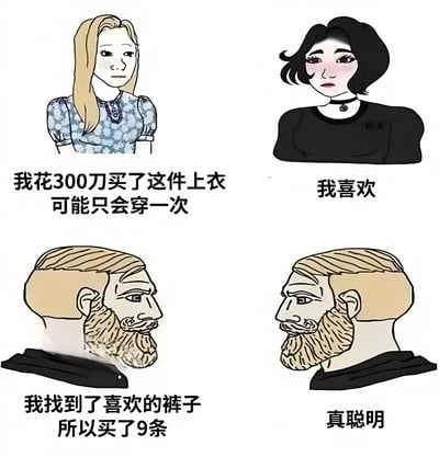 这是一张四格漫画梗图，对比了两种不同的购物行为：一位女性花高价买可能只穿一次的上衣，另一位男性则因为喜欢某款裤子而购买多件。通过幽默的方式展现了不同的消费观念。