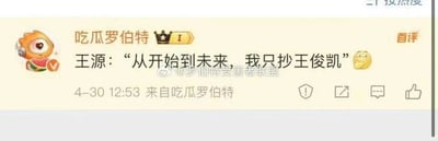 这是一张微博平台的社交媒体截图，博主“吃瓜罗伯特”带有皇冠认证标识和卡通头像，发布了一条趣味玩梗内容，该内容被标注为“首评”。内容模仿TFBOYS成员王源的语气，将王俊凯粉丝的经典应援口号“从开始到未来，只为王俊凯”改编为“从开始到未来，我只抄王俊凯”，末尾搭配了一个捂嘴偷笑的表情，以此制造调侃的搞笑效果。内容下方带有水印“@罗伯特受害者联盟”，发布时间显示为4月30日12:53。