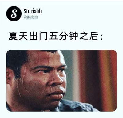 这张梗图描述了夏天刚出门五分钟，人就已经暴汗狼狈，非常贴近日常生活的幽默。通过夸张的画面表达高温和出汗的不适感，适合吐槽炎热天气。

无明显谐音或暗示，主要以画面反差制造幽默。