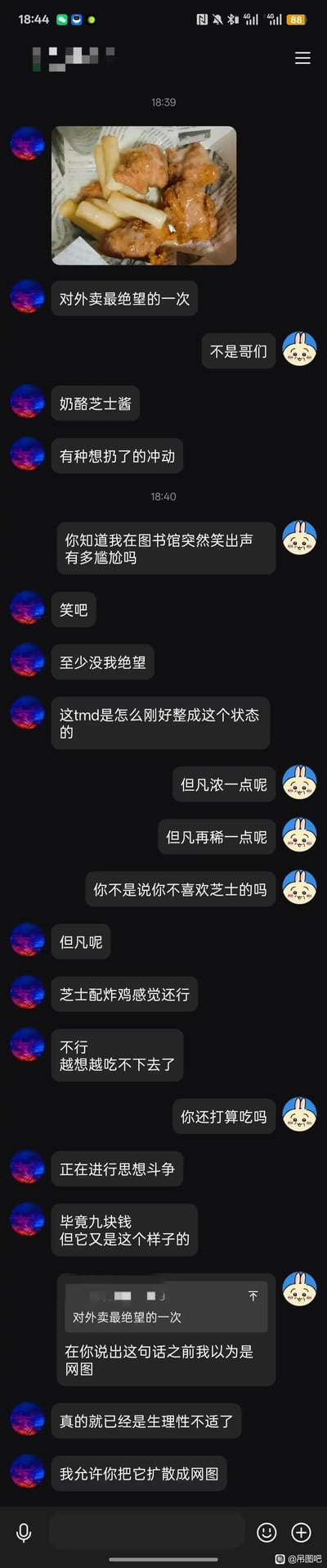 这是一段微信聊天记录截图，蓝紫头像的用户点了一份芝士酱口味的炸鸡年糕外卖，实物的芝士酱状态尴尬，不上不下，看起来毫无食欲，用户吐槽这是「对外卖最绝望的一次」，甚至想扔掉。和兔子头像的朋友吐槽时，对方在图书馆笑出声，还调侃这酱但凡浓一点或者稀一点都不至于这样，用户陷入吃不吃的思想斗争——毕竟花了九块钱，但看着实物实在没食欲。最后用户还允许朋友把这张外卖图扩散成网图。
没有双关、谐音梗或暗示内容。