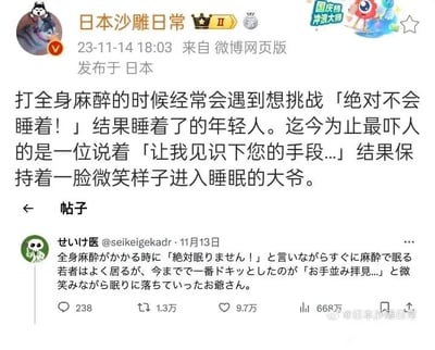 这是一张来自微博网页版的社交媒体截图，由微博用户「日本沙雕日常」于2023年11月14日18:03发布于日本，内容是翻译并转发了推特用户「せいけい医@seikeigekadr」在11月13日发布的医疗相关趣事。截图分为上下两部分，上方是微博用户发布的中文内容，讲述了在给患者进行全身麻醉时遇到的有趣情况：常有年轻人喊着「绝对不会睡着！」却很快入睡，而最让人印象深刻的是一位大爷，说着「让我见识下您的手段...」，然后保持着微笑的样子进入了睡眠；下方是原推特的日文内容截图，与中文内容对应。截图右上角有「国庆档 冲浪大师」的标识，右下角有「@日本沙雕日常」的水印。