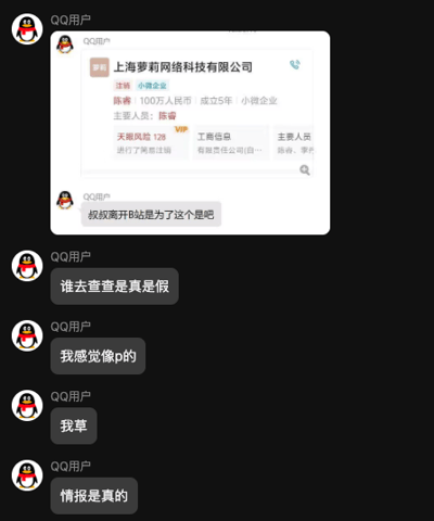 QQ聊天界面截图，显示多名QQ用户围绕“上海萝莉网络科技有限公司”的信息卡展开讨论。信息卡显示该公司为小微企业，注册100万人民币，成立35年，主要人员标有VIP，天眼风险173条，含被执行人及限制高消费信息。聊天内容包括：“叔叔离开B站是为了这个是吗”“谁去查查是真是假”“我感觉像p的”“我草”“情报是真的”，体现出用户对信息真实性的怀疑与确认过程。
