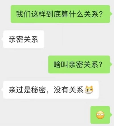 这是一张模拟聊天记录的梗图，通过绿色和白色两种气泡展示了一段关于关系定义的幽默对话。绿色气泡方首先提问："我们这样到底算什么关系？"，白色气泡方回答："亲密关系"。绿色气泡方继续追问："啥叫亲密关系？"，白色气泡方给出了幽默的回答："亲过是秘密，没有关系"并附带一个狗头表情包，最后绿色气泡方只回复了一个中性脸表情包。图片通过文字游戏制造笑点，"亲过"与"亲密关系"形成呼应又反转，表达了现代人际关系中的模糊地带和幽默解读。