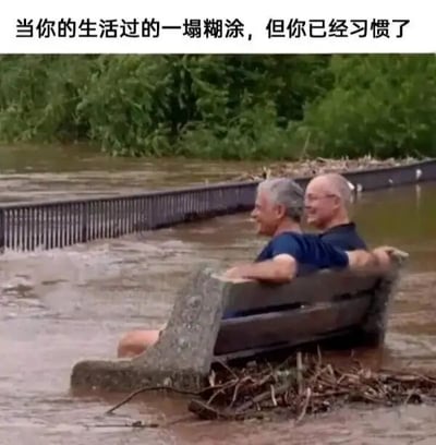 图片上方配有文字'当你的生活过的一塌糊涂，但你已经习惯了'，下方是两位白发老人坐在被洪水淹没的长椅上的场景。洪水已没过长椅底部，周围水流湍急并夹杂着杂物，但两位老人却面带微笑，身体放松地靠在一起，仿佛对眼前的混乱毫不在意。整体通过反差幽默的方式，表达了人们对生活中混乱状态的无奈接受与习惯。