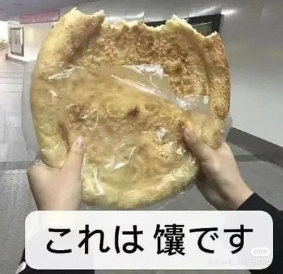 图中两只手捧着一个被透明塑料袋包裹的超大号馕，馕的边缘已经被咬了几口，看起来分量十足。画面下方配有日语文字“これは 饢です”，翻译为“这是馕”，用日语这种正式的介绍语气来标注日常的中式面食，形成反差感，带来搞笑的效果，同时馕的超大尺寸也有视觉冲击力。