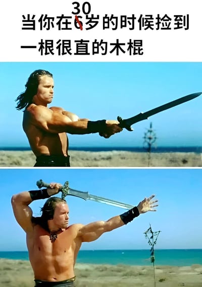 这张梗图通过上下对比的方式，幽默地展现了6岁时捡到一根直木棍的孩子视角。上方文字写着'当你在6岁的时候捡到一根很直的木棍'，下方两张图片则是电影《野蛮人柯南》中肌肉发达的主角挥舞利剑的场景，用夸张的方式表现出孩子将普通木棍想象成威力强大的宝剑的心理状态。