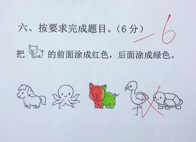 这是一张实拍的小学生作业答题页，是一道分值为6分的操作类题目。题目要求「把小猪的前面涂成红色，后面涂成绿色」本身存在歧义：既可以理解为将小猪所在的动物排列序列里，位于小猪前方的其他动物涂红、位于小猪后方的其他动物涂绿，也可以理解为将小猪自身的前半部分涂红、后半部分涂绿。答题学生选择了第二种理解作答，把图中小猪朝向观察者的左半侧身体涂成红色，右半侧身体涂成绿色，老师最终给该答案打了满分6分，小猪右侧的火烈鸟旁还残留有红色叉号痕迹，疑似老师最初误判后修正了打分。