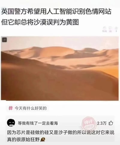 图片上方配有文字'英国警方希望用人工智能识别色情网站但它却总将沙漠误判为黄图'，中间是一张沙漠景观照片，展示了连绵起伏的沙丘。下方有一个话题标签'#今天有什么好笑的'和一条评论'等我有钱了一定去看海 因为芯片是硅做的硅又是沙子做的所以说这对它来说真的很原始狂野'，并显示有2.3万点赞。图片通过幽默方式讽刺了AI技术在图像识别中的局限性，将沙漠误判为色情内容的荒诞现象。