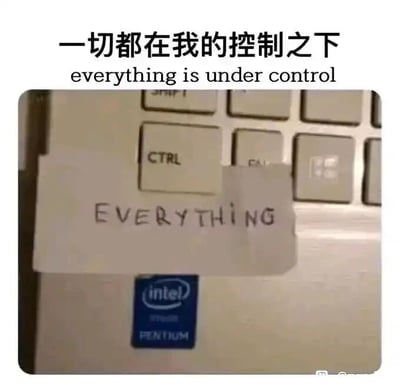 这是一张网友自制的趣味改图，属于静态文字加注梗图。图片上方配有中文“一切都在我的控制之下”和对应的英文“everything is under control”，下方是笔记本电脑的键盘特写区域，键盘上的CTRL（英文全称为Control，意为控制）按键下方，被贴上了一张手写着英文“EVERYTHING”（意为一切）的纸条。通过将CTRL按键的英文含义与纸条上的文字结合，形成了“Control Everything（控制一切）”的双关含义，完美呼应了上方的文字，用这种低成本的创意改图方式，以幽默调侃的语气表达“掌控一切”的感觉，常被用作职场自嘲、日常调侃的趣味内容，传递出一种看似自信实则可能是自我安慰的情绪。