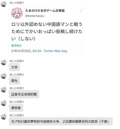 这是一张由Twitter推文截图和聊天记录截图拼接而成的图文内容，推文作者是二次元创作者毛玉老师（@kedamaoyu），发布于2021年10月29日，推文用日文玩了一个口是心非的梗：称要为了和只喜欢萝莉的中国男性“斗争”，持续投稿大胸类内容，但立刻用括号标注“不会这么做”。下方的聊天记录中，用户“镜心水晶魔方”对这条推文进行了翻译和说明，将这个趣味梗转化为中文分享，整体内容属于ACG爱好者之间的趣味内容传播，带有二次元特有的玩梗风格，括号里的内容是核心趣味点，体现了口是心非的反差感。