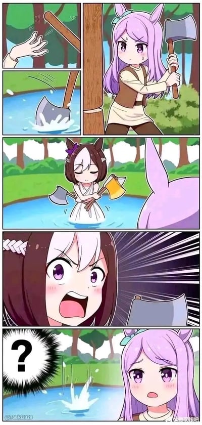 这是一组四格连环漫画，讲述紫发兽耳少女的斧头掉落池塘后的奇幻经历。第一格：少女伸手试图接住滑落的斧头却失败；第二格：斧头坠入水中溅起水花，少女握着斧柄焦急望向池塘；第三格：一位身着白衣、棕白相间发色的兽耳少女从池塘中浮现，双手各持一把斧头（银色与金色）；第四格：白衣少女突然面露怒容，紫发少女则满脸困惑，画面中出现巨大问号气泡。故事改编自经典民间童话“金斧头与银斧头”，但通过兽耳少女的动漫形象和情绪反转增添了趣味性。