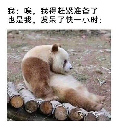 这是一张精准吐槽拖延症日常的表情包，上方文字分为前后对比的两部分：前半部分“我：唉，我得赶紧准备了”，表现出当事人意识到有任务需要完成，内心焦急想要行动的状态；后半部分“也是我，发呆了快一小时：”，搭配下方的棕色大熊猫七仔的实拍照片，照片里的七仔瘫坐在木头上，身体放松倚靠，眼神放空，神态慵懒，完美对应了明明有任务在身，却控制不住陷入发呆、什么都不想做的拖延状态，生动戳中了很多人在面对待办事项时的真实心理和行为，容易引发强烈共鸣。