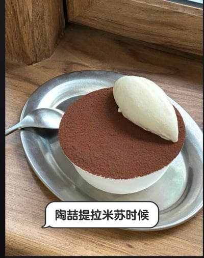 这是一张静态实拍美食图，画面主体是一份放在金属圆盘里的提拉米苏，其表面均匀撒着深棕色可可粉，顶部搭配了一球造型偏长的白色冰淇淋，餐盘边缘放置着一把金属勺子，背景是纹理清晰的木质桌面。图下方带有对白气泡，文字为“陶喆提拉米苏时候”，这是一个中文谐音梗，将歌手陶喆的名字与“当我”谐音，把“当我吃提拉米苏的时候”趣味改编为“陶喆提拉米苏时候”，结合美食场景制造出轻松搞笑的效果，属于将流行文化与美食结合的趣味梗图。