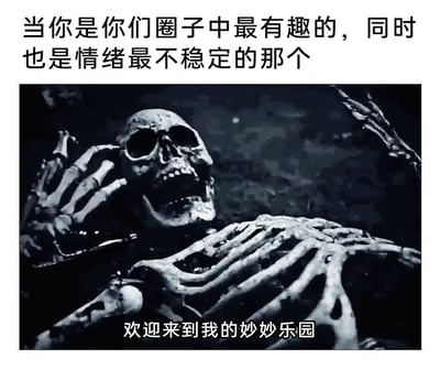 这是一张经过二次创作的搞笑梗图，整体为黑白风格。画面上方配有文字“当你是你们圈子中最有趣的，同时也是情绪最不稳定的那个”，点明了调侃的社交人设；画面主体是一个姿态夸张的骷髅，它大张着嘴，一只手抬起放在头部附近，神态癫狂；画面下方配有骷髅的台词“欢迎来到我的妙妙乐园”。通过恐怖的骷髅形象与可爱的“妙妙乐园”文案形成强烈反差，生动又荒诞地表现出这类人在社交圈子里的特点：既能用有趣的一面给圈子带来欢乐，又会因为情绪不稳定带来如同“进入荒诞乐园”般的起伏感，整体氛围搞笑又充满反差感。