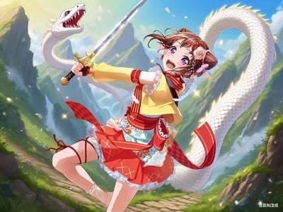 画面呈现出日式二次元风格的奇幻冒险场景：一位身着黄红配色和风可爱服饰的元气少女，手持装饰华丽的长剑，摆出充满动感的战斗姿势，脸上满是兴奋激动的神情；她身旁的白色巨龙张开利齿，身躯环绕在少女身后，气势十足。背景是云雾缭绕、点缀着瀑布的青翠山间，整体画面色彩鲜亮，构图充满动感，传递出热血又充满活力的冒险氛围。
