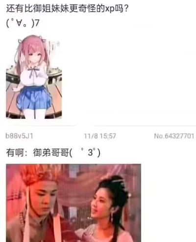 这张图片是一组对比梗图，源自网友讨论“XP”（性偏好）的有趣对话。上半部分是网友提问是否有比“御姐妹妹”更奇怪的XP，并配有可爱的二次元美少女插图（御姐妹妹设定）。下半部分是另一网友机智回复：有啊，“御弟哥哥”，并配了古装影视剧中男女性别强烈反差的搞笑剧照，形成幽默对比效果。该梗图运用了双关和反向思维，讽刺了网络圈层对于XP和二次元喜好的调侃，非常适合社群内斗图、吐槽使用。