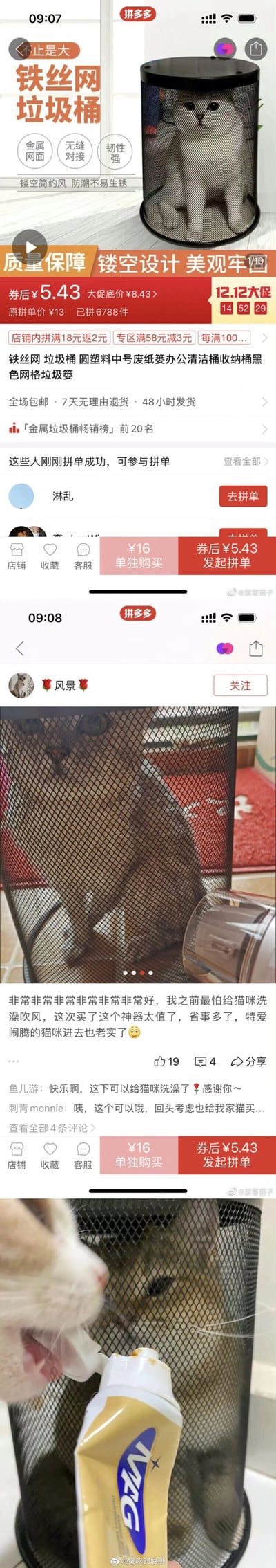 这是一组由三张截图拼接而成的趣味内容，第一张是拼多多平台上的黑色铁丝网垃圾桶商品页，该商品原本是办公用的废纸篓，券后售价5.43元，特点是金属网面、韧性强；第二张是买家“风景”的晒单评价，买家将这个垃圾桶用作给猫咪洗澡吹风的固定工具，称原本爱闹腾的猫咪进去后变得老实，解决了给猫洗澡吹风的难题，还配上了猫咪在垃圾桶内被吹风吹的照片；第三张是另一个场景，一只猫咪在垃圾桶内，外面的猫咪在吃营养膏，进一步展示了垃圾桶可以用来限制猫咪行动的用途。整体内容展现了买家对普通商品的创意改造，解锁了垃圾桶的新功能，充满生活趣味。