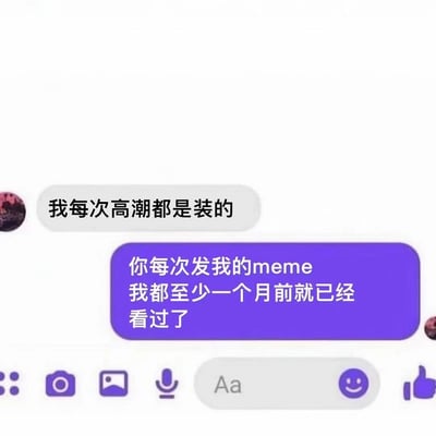这是一张聊天记录截图梗图，用幽默的方式表达了当代年轻人在社交媒体上的一种常见体验。图中上方灰色气泡显示："我每次高潮都是装的"，下方紫色气泡则神转折回应："你每次发我的meme我都至少一个月前就已经看过了"。

这种强烈的对比制造了喜剧效果，将亲密关系中的敏感话题与网络文化中"梗图时效性"这一普遍痛点巧妙结合，精准戳中了那些经常活跃在多个社交平台、早已阅遍各种梗图的年轻人的共鸣点。