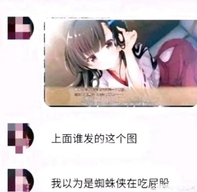 这是一张社交聊天记录的静态截图，画面上方是一张侧躺的动漫少女图，少女手放在头部，姿态柔和；下方是两条聊天消息，第一条消息询问该动漫图的发送者，第二条消息则是用户分享自己的搞笑误解——将这张动漫少女图看成了“蜘蛛侠在吃屁股脸”。由于动漫少女的姿势和画面角度造成了视觉错觉，形成了滑稽的反差效果，让原本正常的动漫图变得充满笑点。