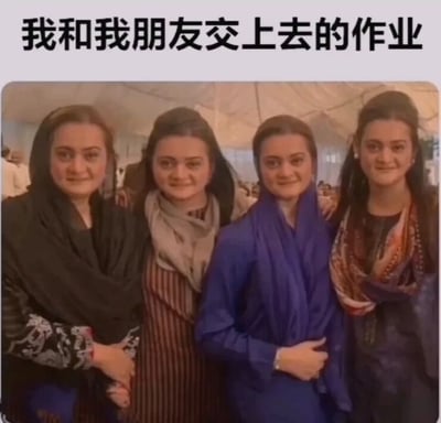图片上方有黑色文字“我和我朋友交上去的作业”，下方是四位女性的合影。她们站在一起，面带微笑，穿着带有头巾等元素的服饰，背景似乎是一个有顶棚的聚会或活动场所。该梗图通过将朋友合影与“交作业”联系起来，幽默地暗示自己和朋友的作业可能存在相似或不同的状态，带有轻松调侃的意味。