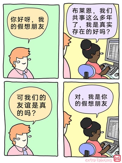 这是一幅四格连环卡通漫画，场景设定在办公室职场环境中。第一格，名为布莱恩的红头发职场职员面带微笑，对着身边的同事说出“你好呀，我的假想朋友”，开启了这段带有戏谑感的对话；第二格，正在电脑前专注工作的黑人女同事转头，带着无奈的语气回应布莱恩，强调两人已经共事多年，自己是真实存在的；第三格，布莱恩收起戏谑，带着疑惑提问“可我们的友谊是真的吗？”，将话题引向职场关系的本质；第四格，女同事顺着布莱恩的话，平淡地承认“对，我是你的假想朋友”，这个反转形成了漫画的核心笑点，用荒诞的设定讽刺了职场中常见的、看似熟络却缺乏真实情感联结的“假性友谊”，点出了职场关系中疏离、客套的现实。